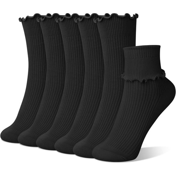 6 Pairs Cute Floral Ruffle Crew Socks Women, Breathable Cotton Novelty Casual Girls Above Ankle Funny Socks