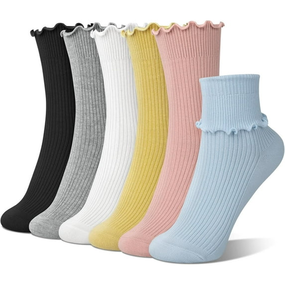 6 Pairs Cute Floral Ruffle Crew Socks Women, Breathable Cotton Novelty Casual Girls Above Ankle Funny Socks