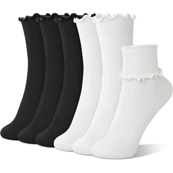 6 Pairs Cute Floral Ruffle Crew Socks Women, Breathable Cotton Novelty Casual Girls Above Ankle Funny Socks