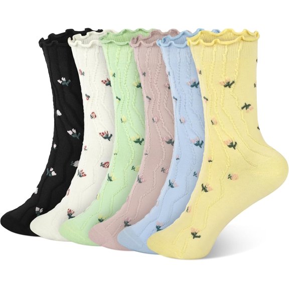 6 Pairs Cute Floral Ruffle Crew Socks Women, Breathable Cotton Novelty Casual Girls Above Ankle Funny Socks