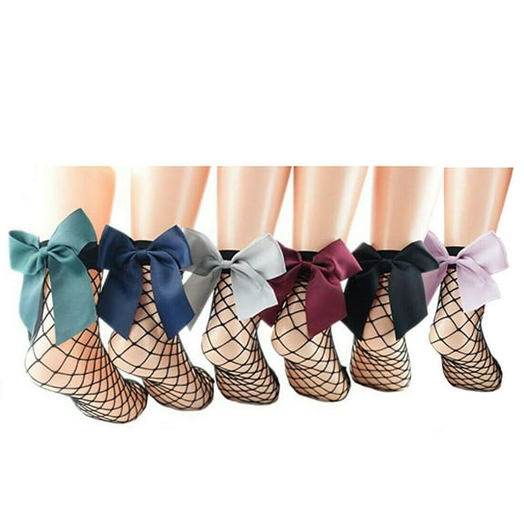 6 Pairs Cute Women's Black Mesh Short Ankle Socks Sexy Bow Fishnet Pop Socks