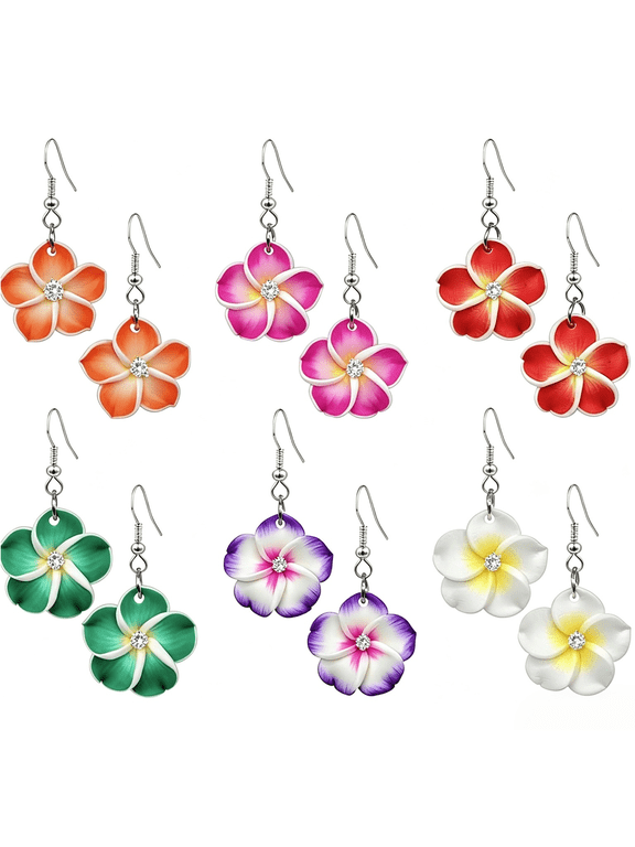 6 Pairs Dangle Flower Earrings, Plumeria Daisy Earring Sets for Women, Bohemian Tropical Hawaiian Floral Drop Earrings, Luau Vacation Beach Wedding Jewelry
