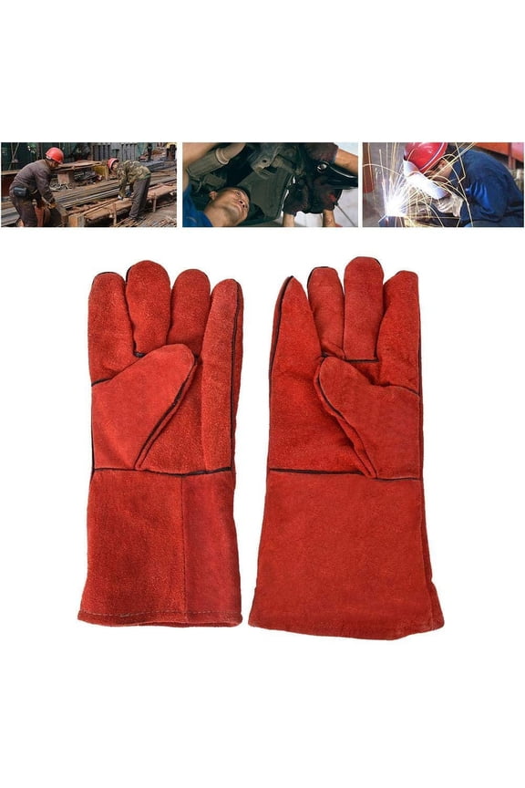 6 Pairs Deluxe 14" Welding Gloves, Heat Resistance, Leather Palm Lining Gloves, Red