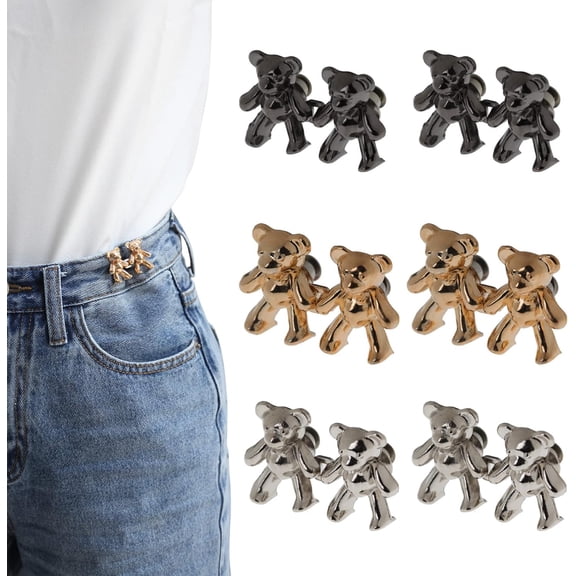 6 Pairs Denim Button Clip Set, Used To Tighten The Waist, Adjustable Teddy Bear Pants Clip, Belt Size Adjustable Button, Suitable for Jeans and Dresses adjustable, tightener button pin