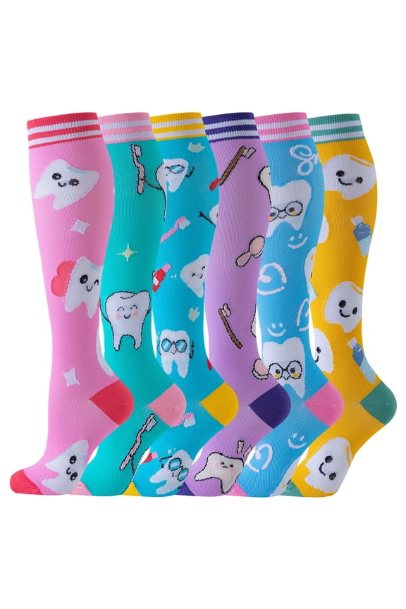 6 Pairs Dentist Dental Printed Compression Socks Knee High Leg Supports Socks for Fitness, Running, Cycling, Exercise, Yoga