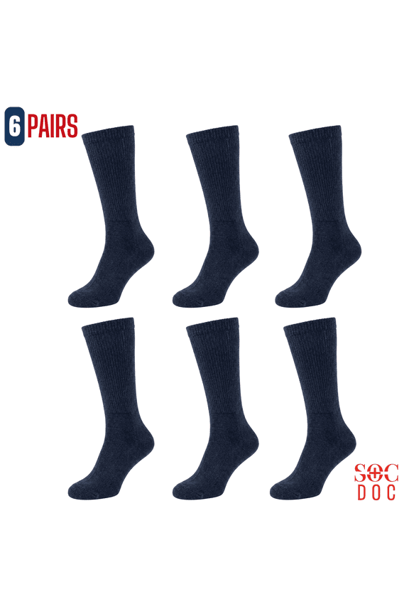 6 Pairs Diabetic Crew Socks for Men & Women, Non-Binding, Breathable Moisture Wicking, Comfort Fit, Size 10-13, Navy