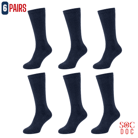 6 Pairs Diabetic Crew Socks for Men & Women, Non-Binding, Breathable Moisture Wicking, Comfort Fit, Size 9-11, Navy