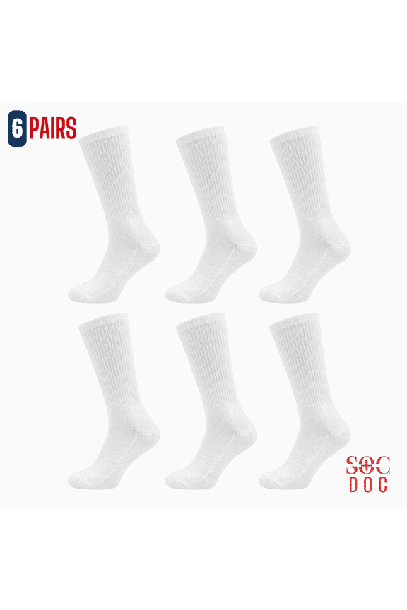 6 Pairs Diabetic Crew Socks for Men & Women, Non-Binding, Breathable Moisture Wicking, Comfort Fit, Size 9-11, White
