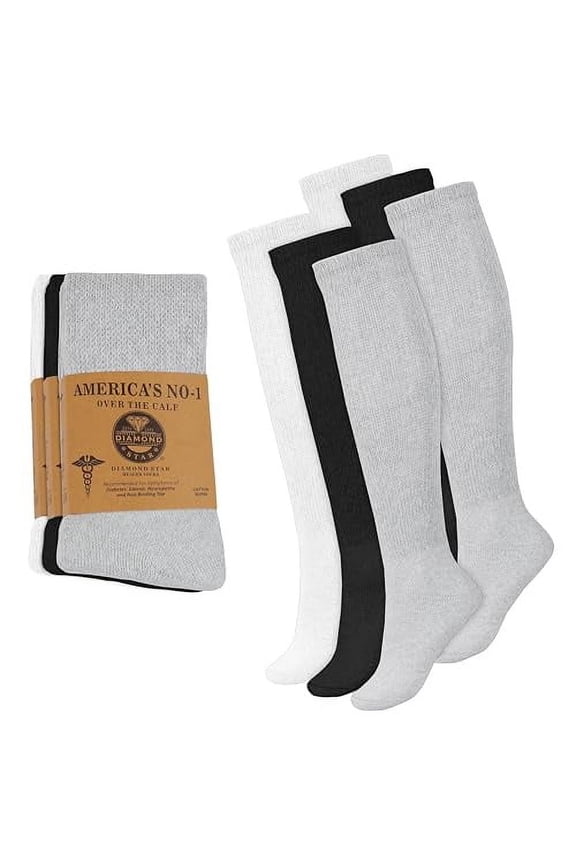 6 Pairs Diabetic Socks Over The Calf - Knee High Premium Cotton Socks Men's Size 10-13 Big & Tall Size 13-16
