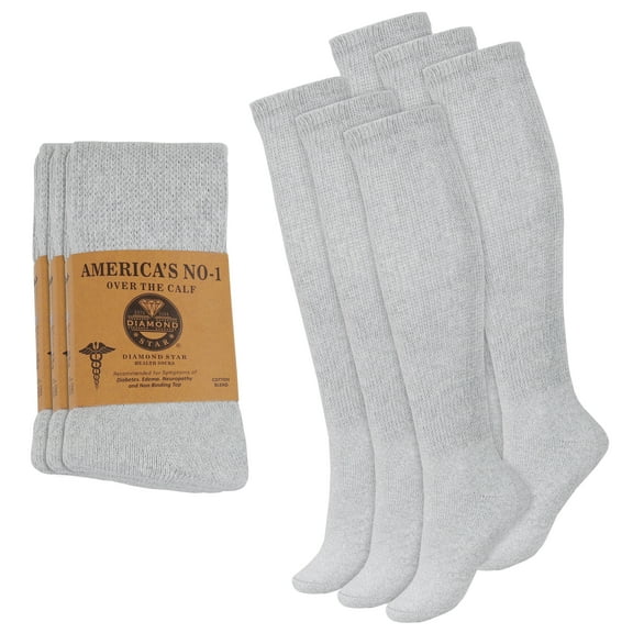 Diamond Star Diabetic Over the Calf Premium Cushion Cotton Knee High Comfortable Socks for Men (Grey - 6 Pairs, Shoe Size 13-16)