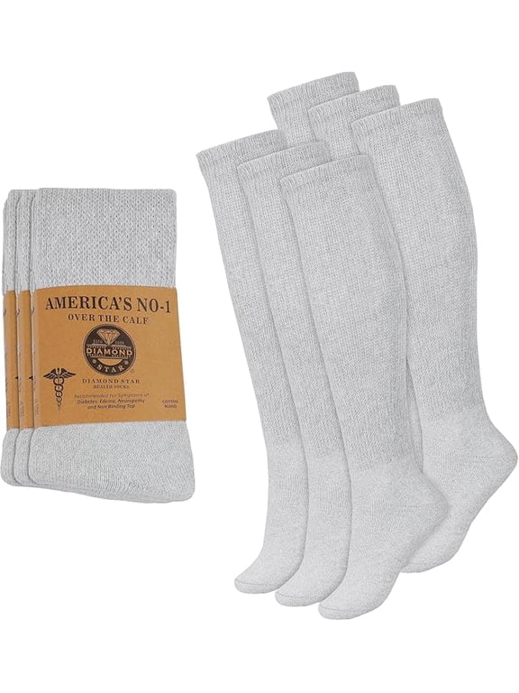 Diabetic Over the Calf, Non-binding Premium Cushion Cotton Knee High Comfortable Socks for Men (Gray - 6 Pairs, Socks Size 10-13)