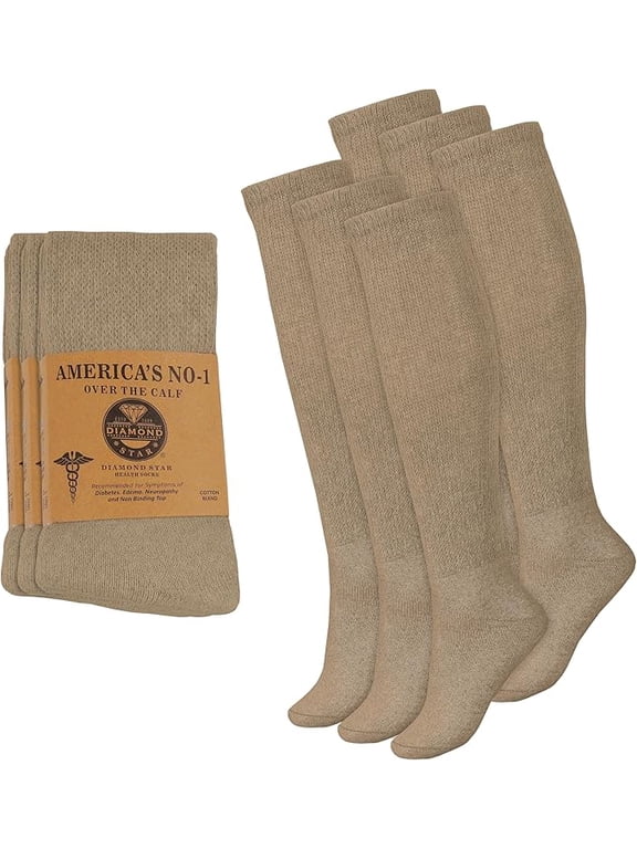 Diabetic Over the Calf, Non-binding Premium Cushion Cotton Knee High Comfortable Socks for Men (Beige - 6 Pairs, Socks Size 10-13)