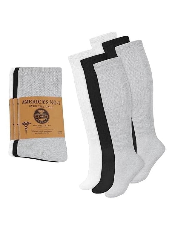 Diabetic Over the Calf, Non-binding Premium Cushion Cotton Knee High Comfortable Socks for Men (Assorted - 6 Pairs, Socks Size 10-13)