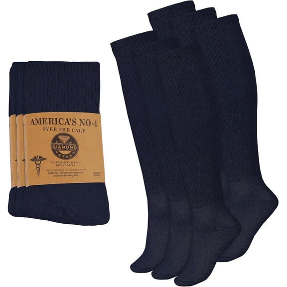 Diamond Star Diabetic Over the Calf, Non-binding Premium Cushion Cotton Knee High Comfortable Socks for Men (Navy - 6 Pairs, Sock size 10-13)