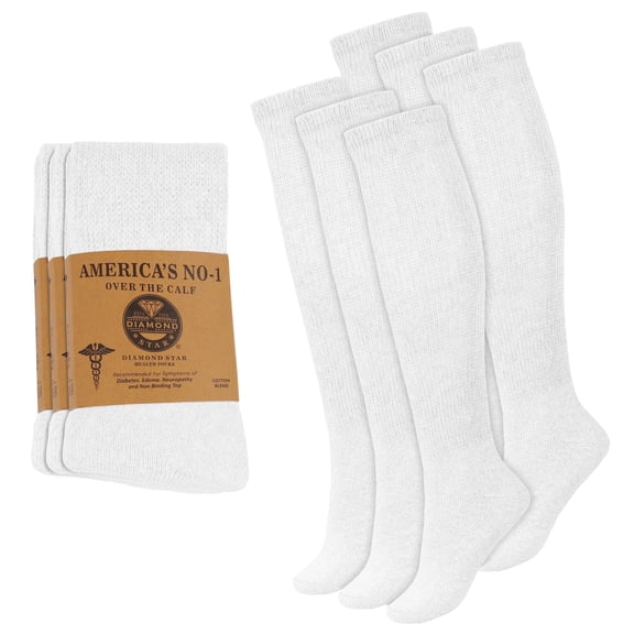 Diamond Star Diabetic Over the Calf Premium Cushion Cotton Knee High Comfortable Socks for Men (White - 6 Pairs, Shoe Size 13-16)