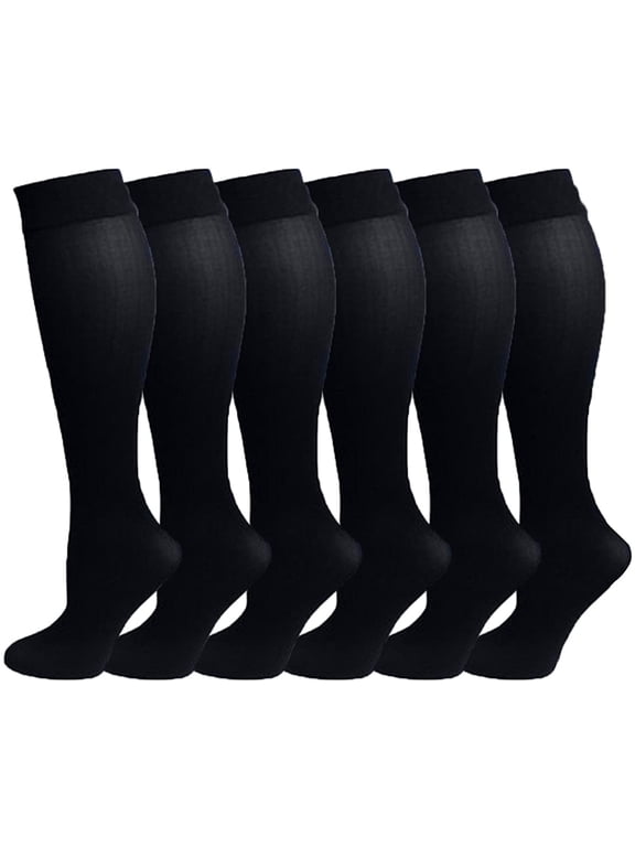 6 Pairs Different Touch Women's Queen Size Opaque Stretchy Nylon Spandex Black Knee-High Trouser Socks