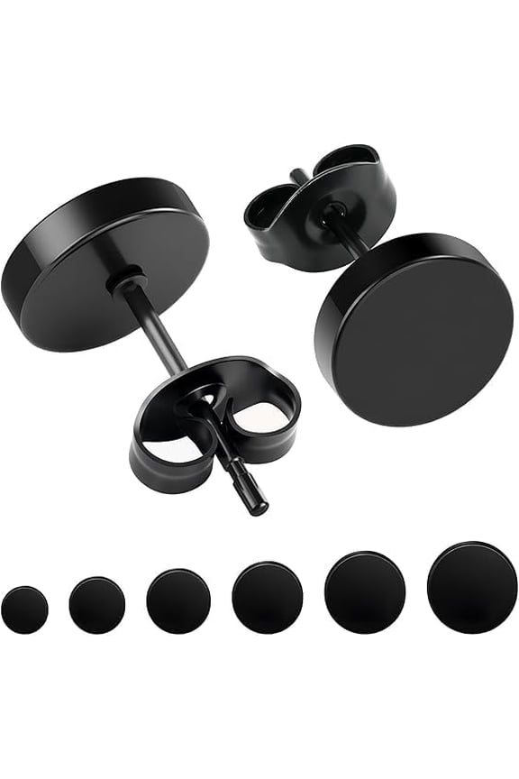 6 Pairs Dot Stud Earrings - Metal Flat Top Ear Studs Set - Unisex Mens Womens Jewelry - 3mm-8mm Size Range - Black