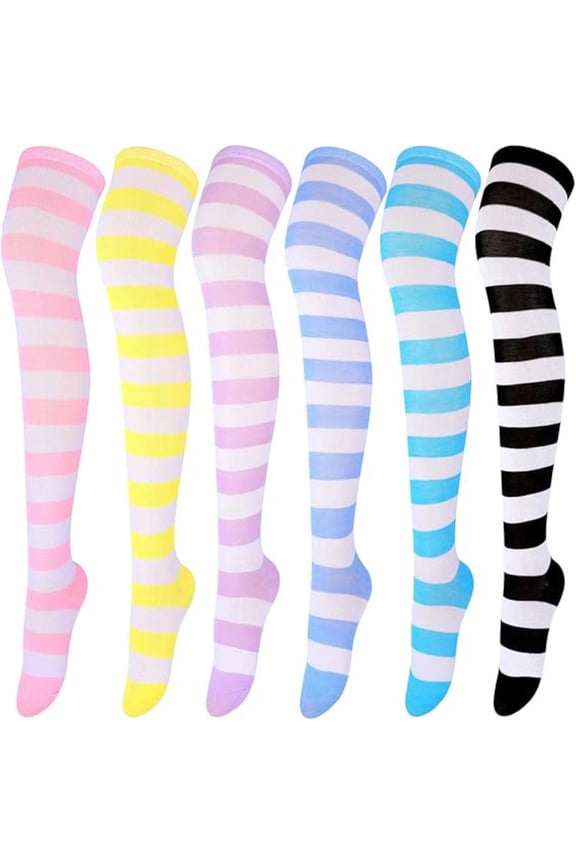 6 Pairs Extra Long Striped Thigh High Socks, Soft Knitted Over The Knee Socks, Cozy Thigh-High Stockings for Women, All Seasons Fashion