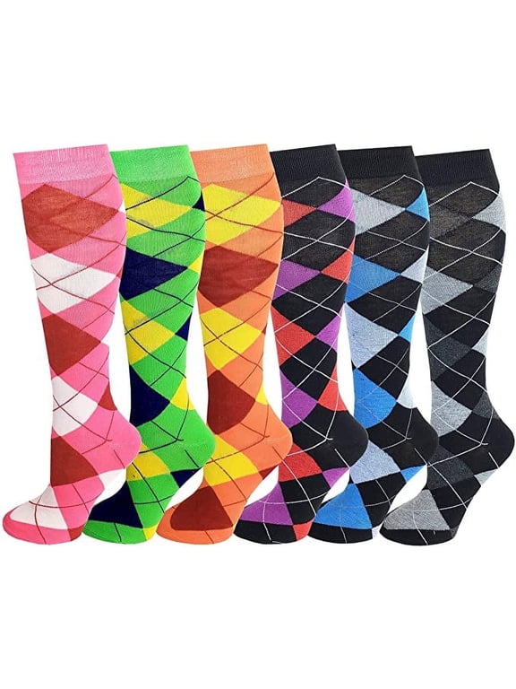 6 Pairs Fancy Argyle Design Knee High Socks For Women