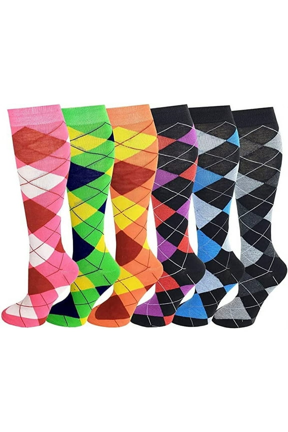 6 Pairs Fancy Argyle Design Knee High Socks For Women
