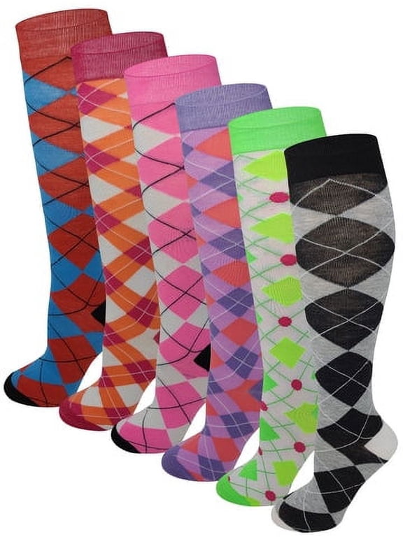 6 Pairs Fancy Argyle Novelty Knee-High Socks For Women