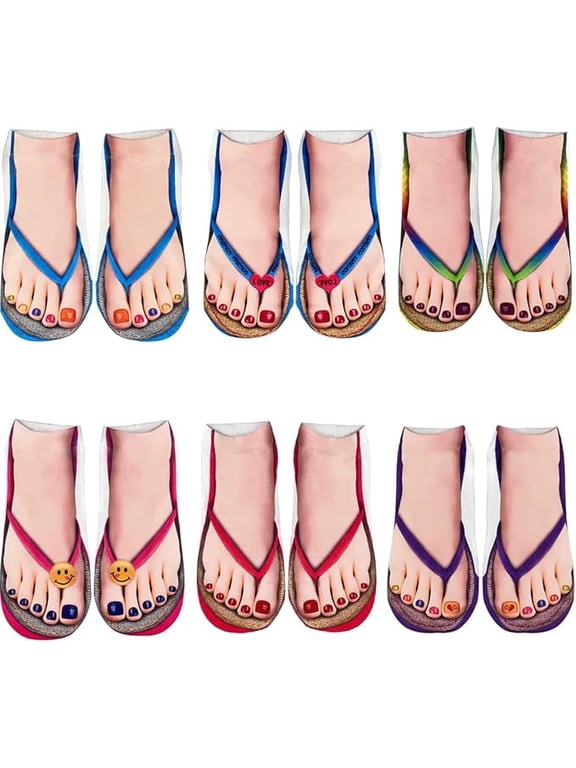 6 Pairs Women 3D Flip Flop Printed Short Ankle Socks, Personalized Fun Nail Graphic Casual Daily Wear