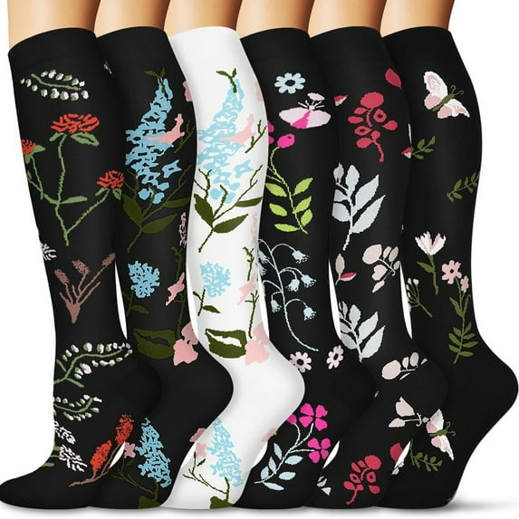 6 Pairs Flower Compression Socks Women Knee High Sports Socks for Medical Running Athletic Travel