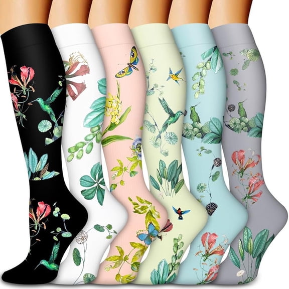 6 Pairs Flower Compression Socks Women Knee High Sports Socks for Medical Running Athletic Travel