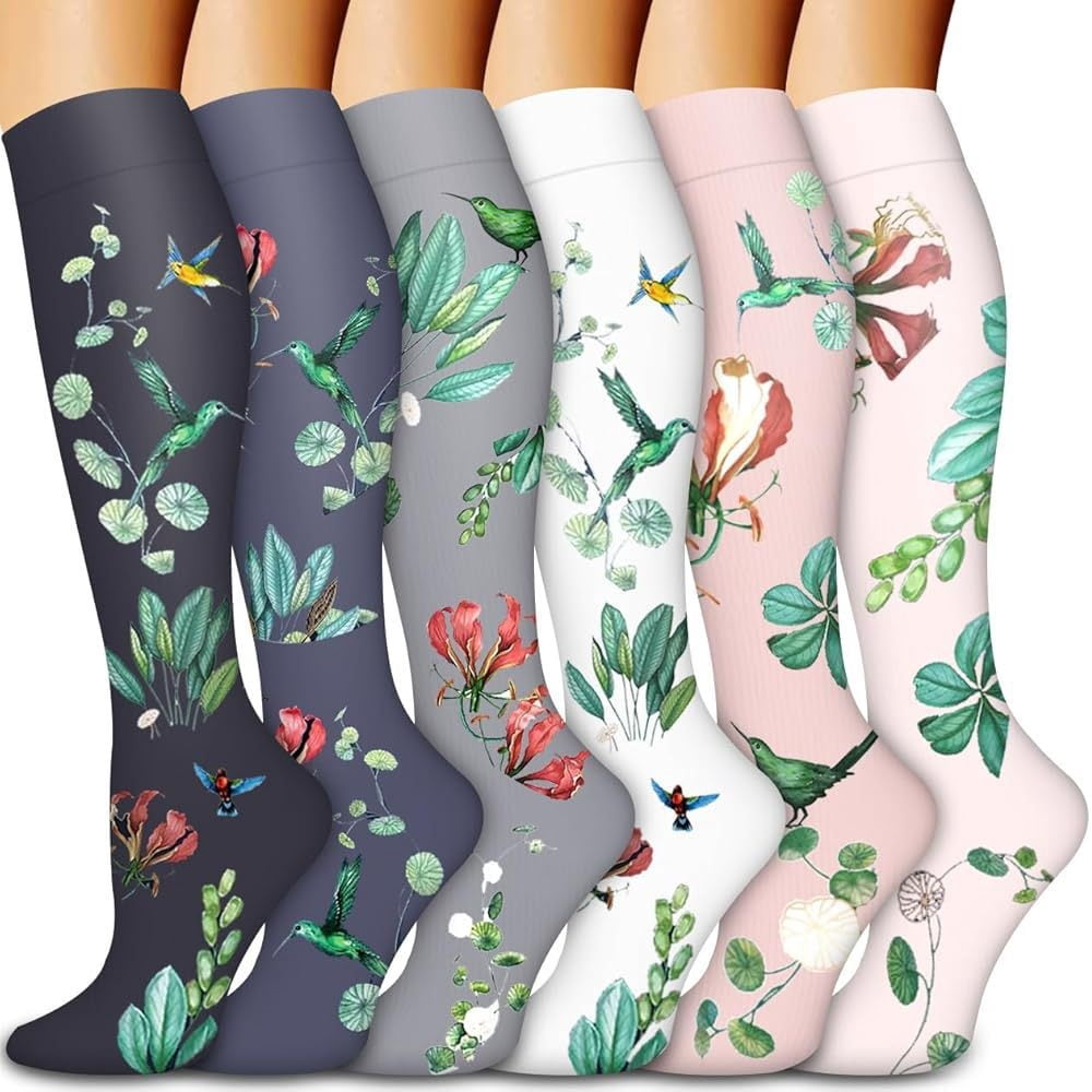 6 Pairs Flower Compression Socks Women Knee High Sports Socks for ...
