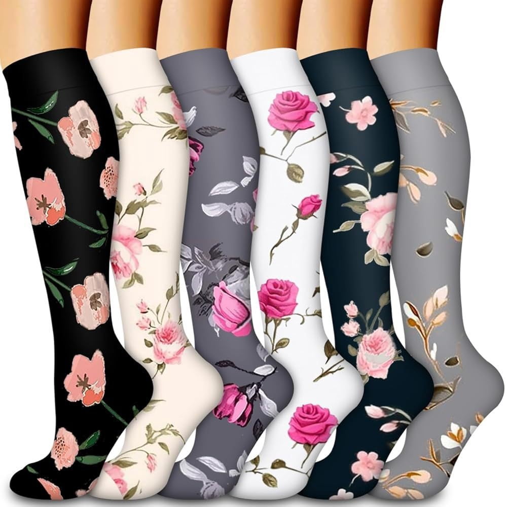 6 Pairs Flower Compression Socks Women Knee High Sports Socks for ...