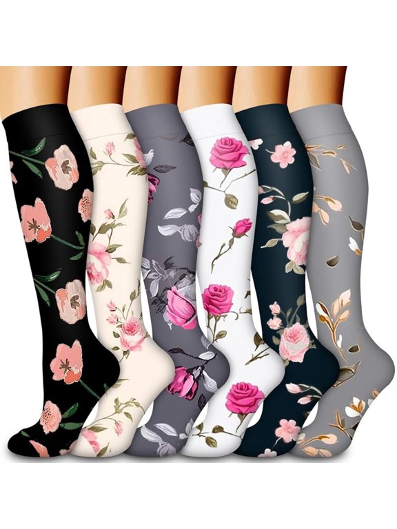 6 Pairs Flower Compression Socks Women Knee High Sports Socks for Medical Running Athletic Travel
