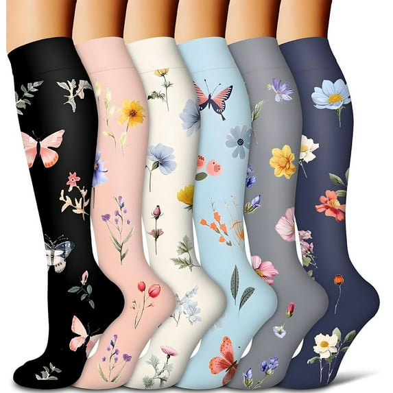 6 Pairs Flower Compression Socks Women Knee High Sports Socks for Medical Running Athletic Travel