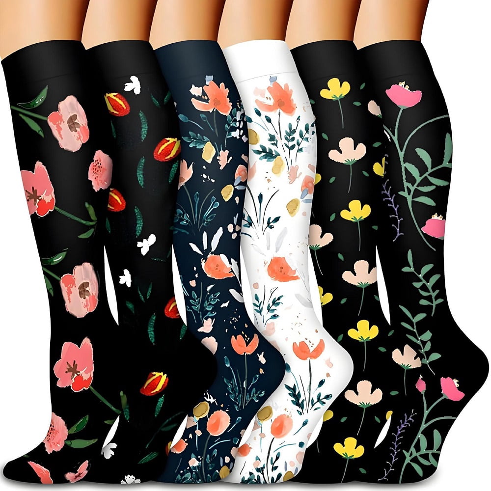 6 Pairs Flower Compression Socks Women Knee High Sports Socks for ...