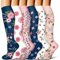 thumbnail image 1 of 6 Pairs Flower Compression Socks Women Knee High Sports Socks for Medical Running Athletic Travel, 1 of 3