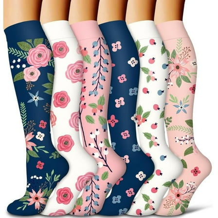 6 Pairs Flower Compression Socks Women Knee High Sports Socks for Medical Running Athletic Travel