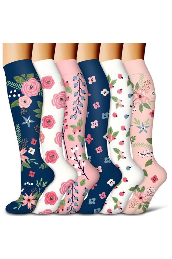 6 Pairs Flower Compression Socks Women Knee High Sports Socks for Medical Running Athletic Travel