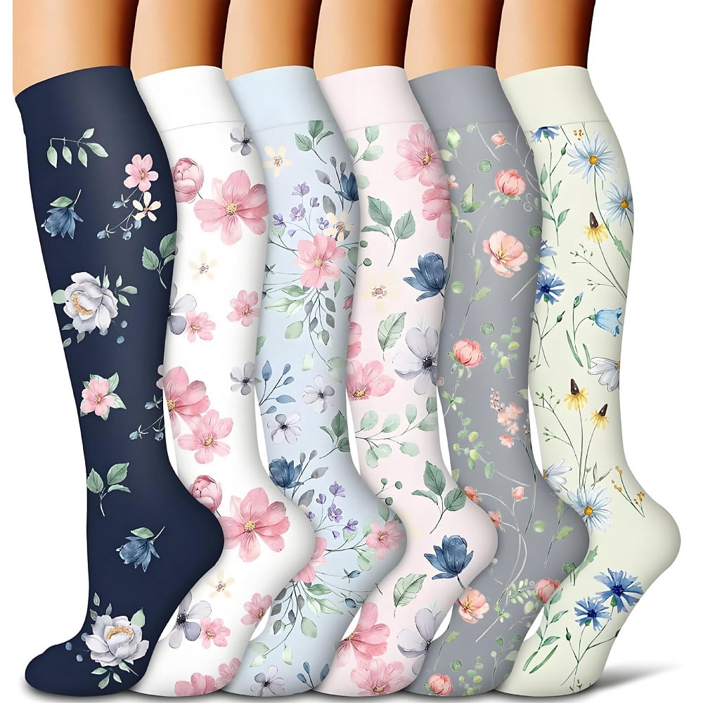 6 Pairs Flower Compression Socks Women Knee High Sports Socks for ...
