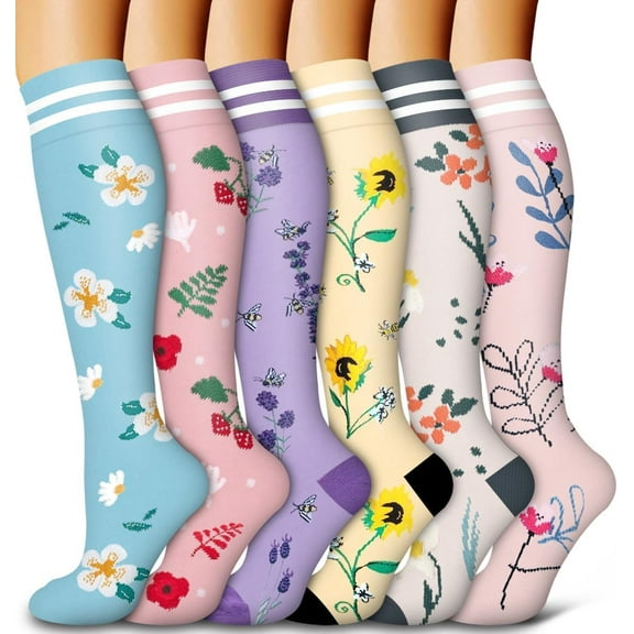 6 Pairs Flower Compression Socks Women Knee High Sports Socks for Medical Running Athletic Travel