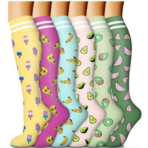 6 Pairs Flower Compression Socks Women Knee High Sports Socks for Medical Running Athletic Travel
