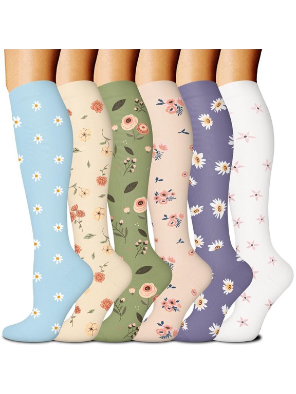 6 Pairs Flower Compression Socks Women Knee High Sports Socks for Medical Running Athletic Travel