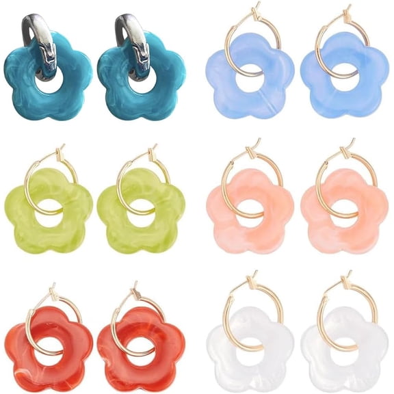 6 Pairs Flower Hoop Earrings Bohemia Flower Charm Earrings Floral Daisy Drop Earrings Set Boho Retro For Women Dainty Earrings Mother's Day Gift for DIY