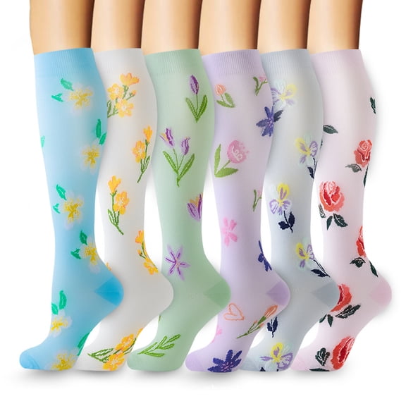 6 Pairs Foral Printed Unisex Compression Socks for Outdoor Sports Cycling Running Walking Knee High Support Stockings