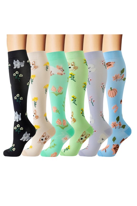 6 Pairs Foral Printed Unisex Compression Socks for Outdoor Sports Cycling Running Walking Knee High Support Stockings