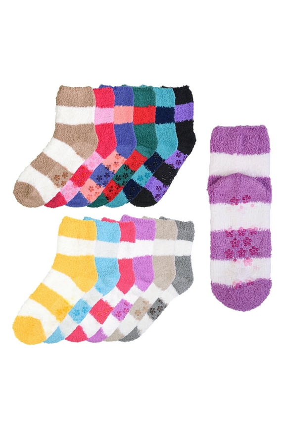 6 Pairs Fuzzy Plush Soft Socks Non Skid Strip Warm Hospital Home Slippers 9-11
