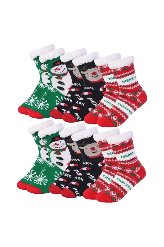 6 Pairs Fuzzy Slipper Socks with Grippers Non Slip Christmas Gift Fleece Lined Warm Lining Xmas Gifts Party Non Skid Ripple Sleeping reading Comfort