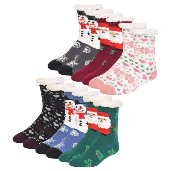 6 Pairs Fuzzy Slipper Socks with Grippers Non Slip Christmas Gift Fleece Lined Warm Lining Xmas Gifts Party Non Skid Ripple Sleeping reading Comfort