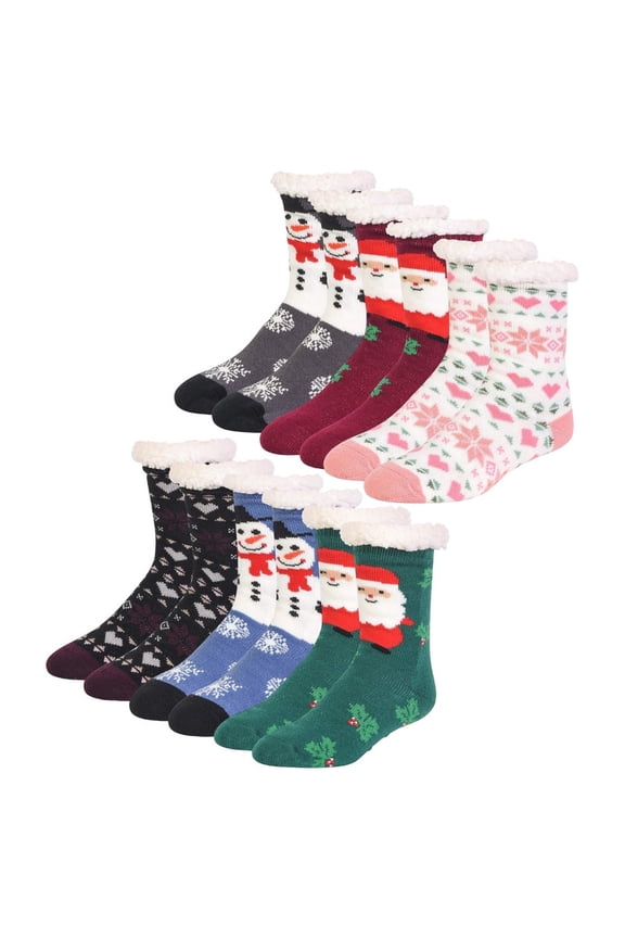 6 Pairs Fuzzy Slipper Socks with Grippers Non Slip Christmas Gift Fleece Lined Warm Lining Xmas Gifts Party Non Skid Ripple Sleeping reading Comfort