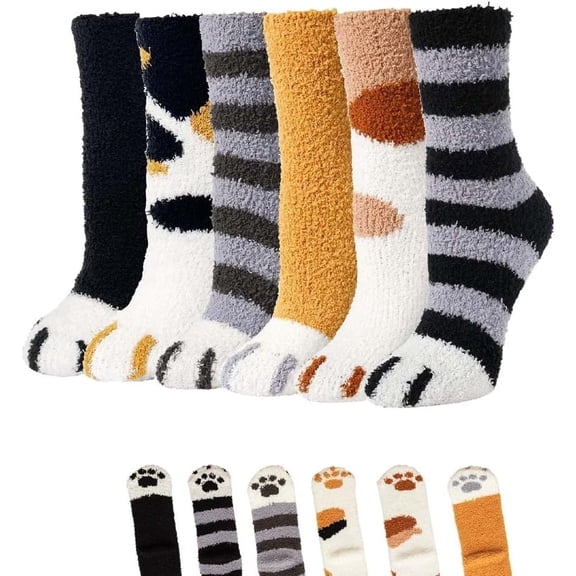 6 Pairs Fuzzy Socks for Women, Winter Cat Claw Socks Cat Paw Fuzzy Cozy Plush Slipper Sock, Home Sleeping for Girls