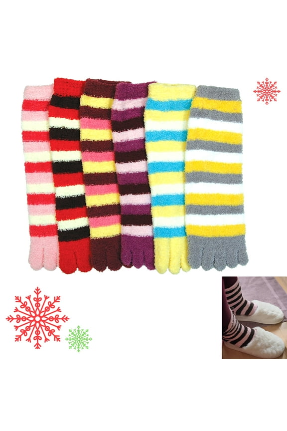 6 Pairs Fuzzy Toe Socks Soft Striped Ladies Women Size 9-11 Fun Color Style Lot