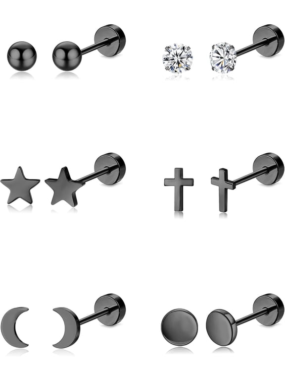 6 Pairs G23 Titanium Earrings for Women & Men, Hypoallergenic Flat Back Stud Earrings with Moon Star CZ Designs, Titanium Screw Back Cartilage Earrings Set for Sensitive Ears